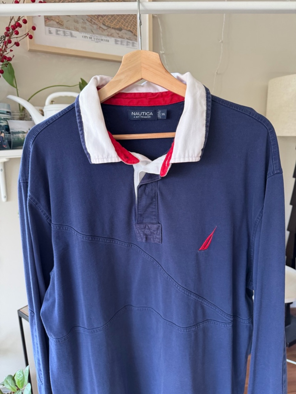 Nautica Vintage Y2K Navy Long-Sleeve Rugby Shirt with White and Red Collar